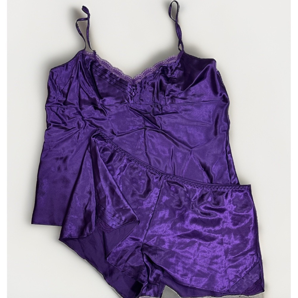 Vintage Purple Satin Lingerie Set Lace Trim Camisole Cami Tap Shorts Boudoir SzM